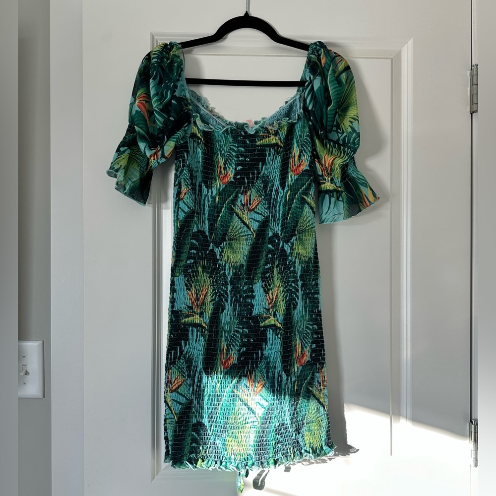 Vici tropical mini ruched dress.